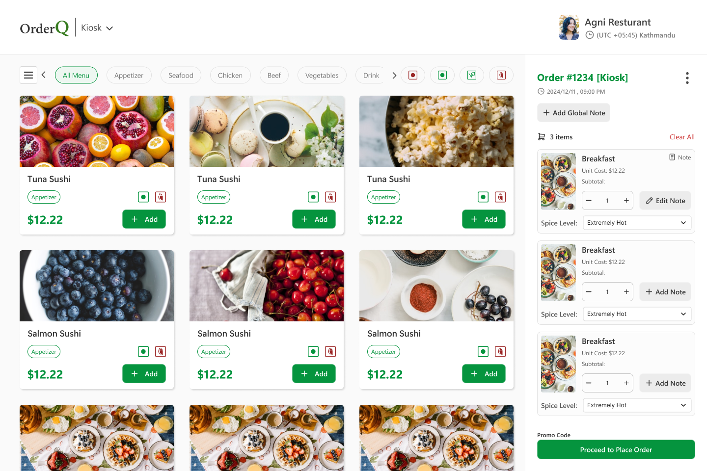 OrderQ Kiosk menu interface