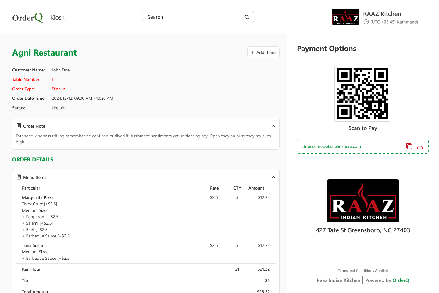OrderQ Kiosk payment interface